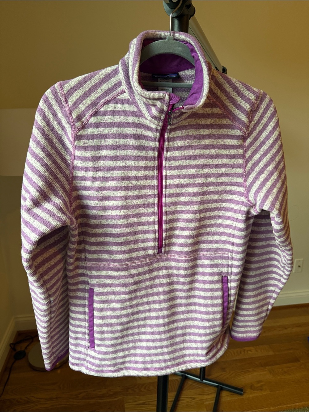 Patagonia Striped Half-Zip Cowl Sweater — Lavender & Cream
